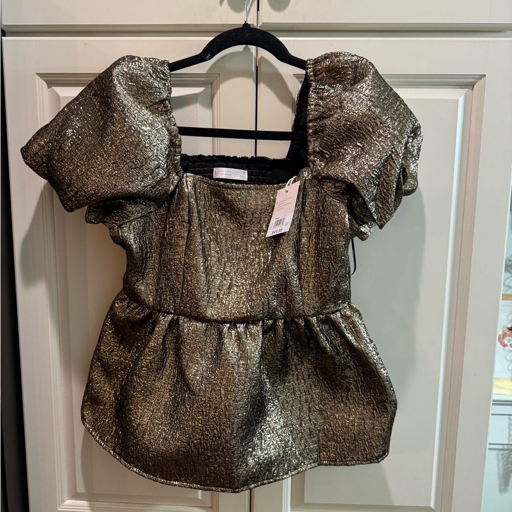 LC Lauren Conrad Metallic Gold Puff Sleeve Top